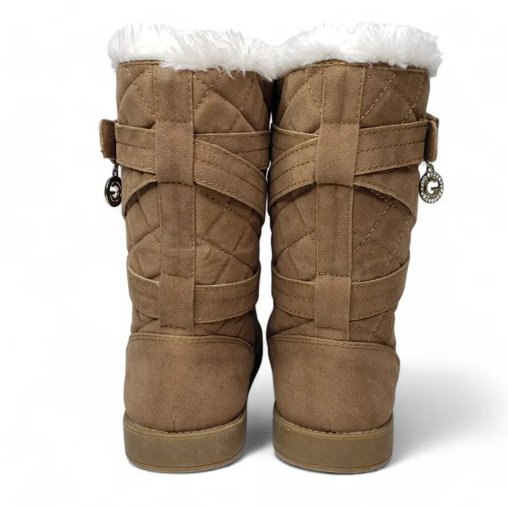 G by Guess Furry Lined Booties Women’s Tan Strappy Quilted Warm Cozy Y2K Outdoor